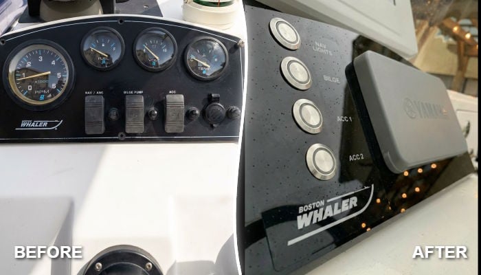 Before and after dash panel replacement on a 1999 Boston Whaler 14 foot model