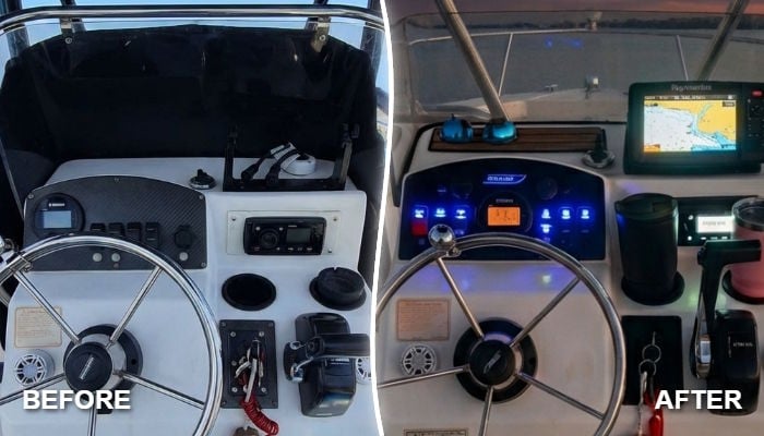 Before and after dash panel replacement on a 2004 Boston Whaler 170 Montauk