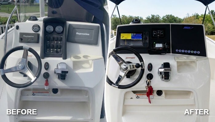 Before and after dash panel upgrade on a 2009 Boston Whaler 230 Dauntless