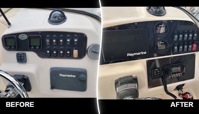 Before and after instrument panel replacement on a 2013 Grady-White Freedom 205