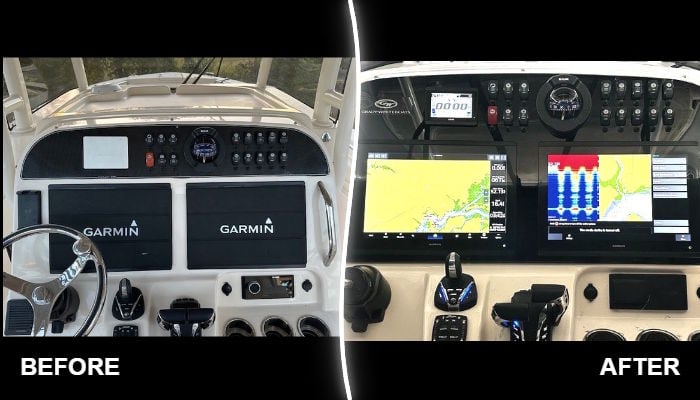 Blackout dash panel upgrade before and after on a 2023 Grady-White Canyon 306