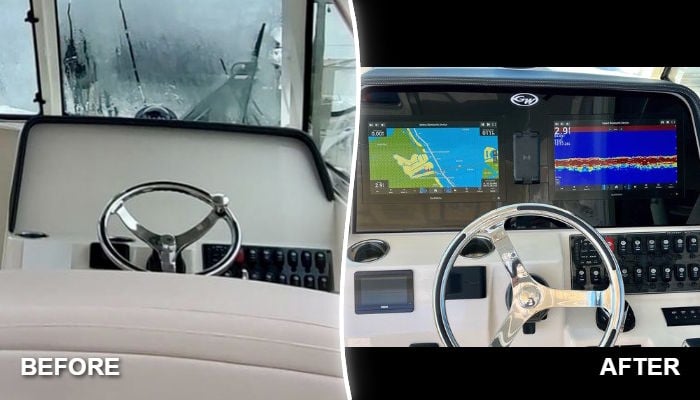 Before and after dash panel replacement for a 2024 Grady-White Freedom 325