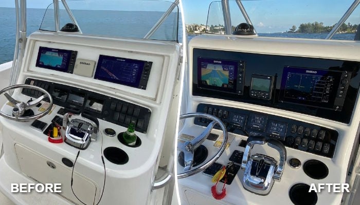 Before and after dash panel and electronics upgrade on a Boston Whaler 270 Outrage