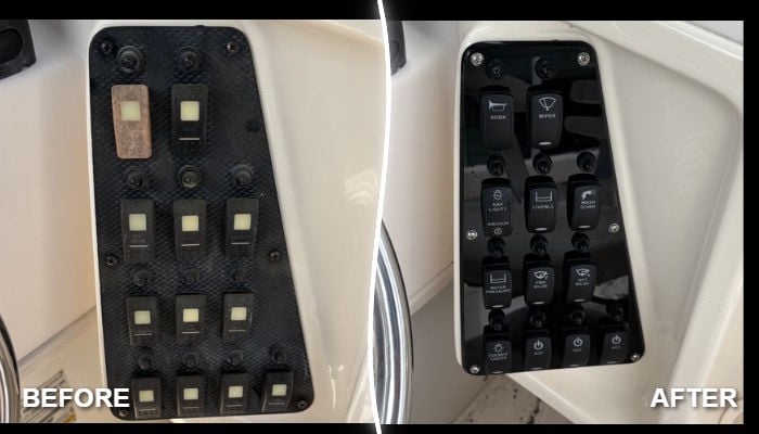 Before and after switch panel replacement on a Grady-White Seafarer helm