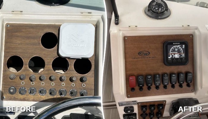 Before and after custom switch panel replacement on a Grady-White center console