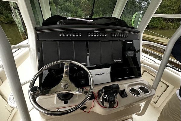 Original dash panel layout on a Boston Whaler 330 Conquest before replacement