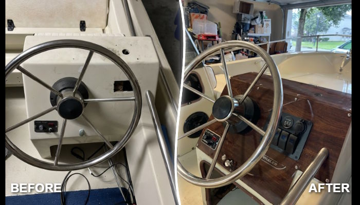 Before and after switch panel replacement on a classic Boston Whaler helm
