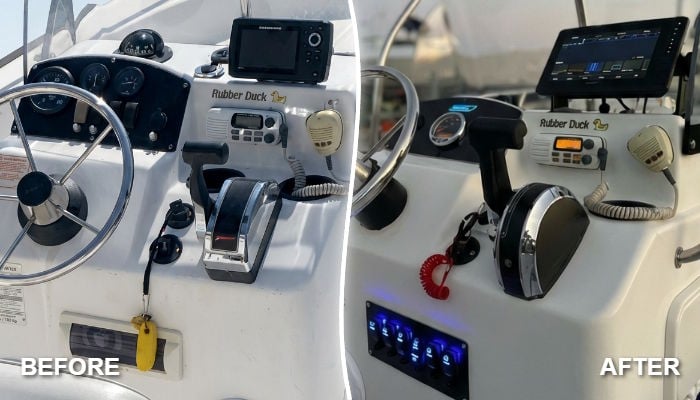 Before and after custom dash panel replacement on a Boston Whaler center console