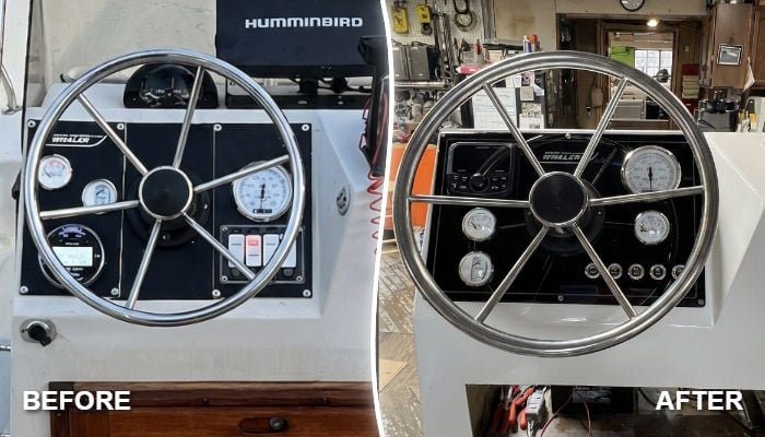 Before and after switch panel replacement on a classic Boston Whaler helm.