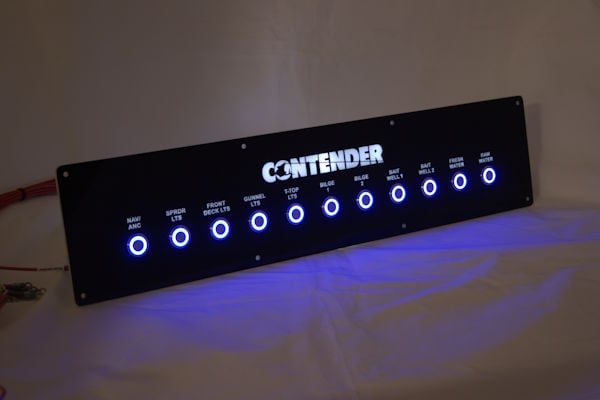 Backlit switch panel built for a Contender center console helm