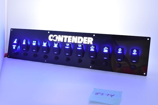 Custom Contender rocker switch panel featuring blue backlit labels