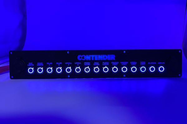 LED-illuminated switch panel built for a Contender helm