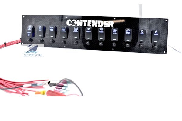 Marine-grade switch panel designed for use on a Contender boat