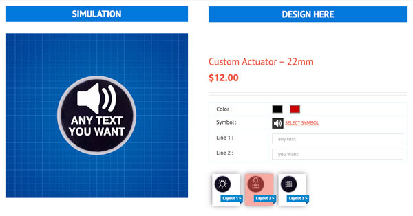Custom 22mm push button actuator design interface preview