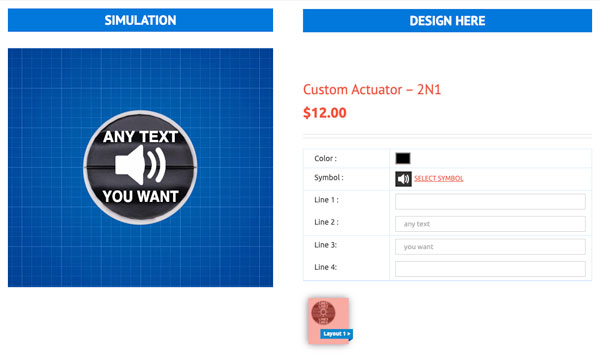 text-bluewater-2n1 Custom 22mm Daybright 2N1 push button actuator design interface preview