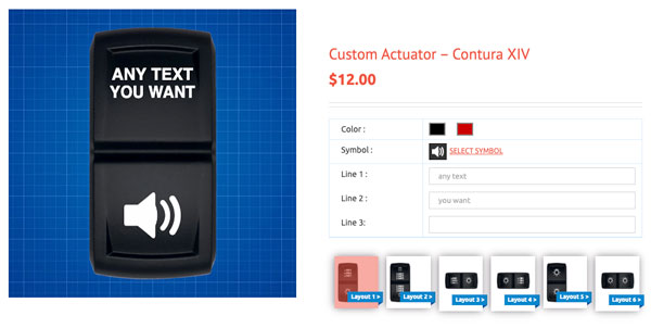 Custom Contura XIV rocker switch actuator design interface preview