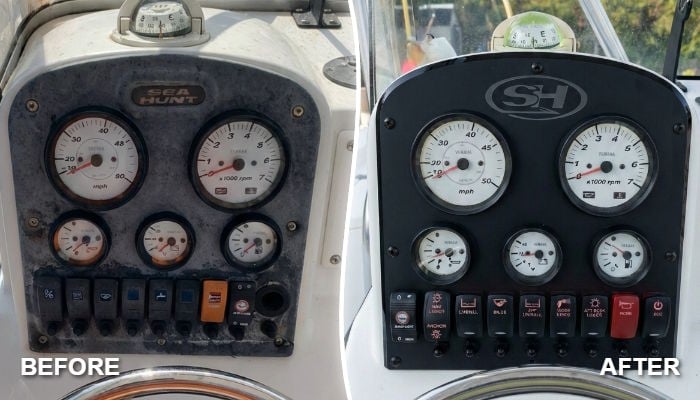 Before and after dash panel replacement on a 2009 Sea Hunt BX 22 Pro