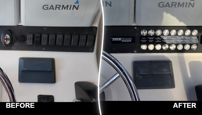 Before and after dash panel replacement on a 2005 Pathfinder 2200V with upgraded switch layout and electronics