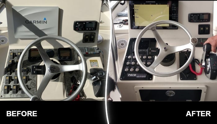Before and after helm upgrade on a 2008 Pathfinder 2200 featuring custom dash panel and modern switch configuration