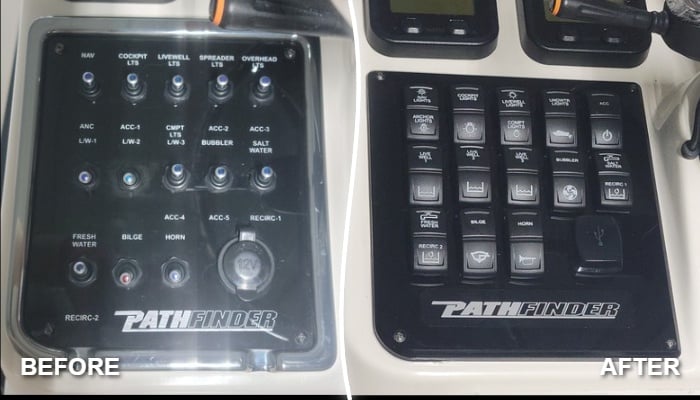 Before and after switch panel upgrade on a 2015 Pathfinder 2200 TE with illuminated push button layout