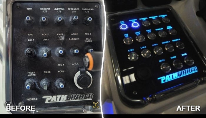 Before and after dash modernization on a 2015 Pathfinder 2400 with upgraded electronics and switch panel