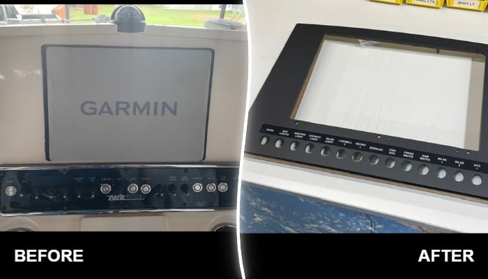 Before and after dual MFD dash panel upgrade on a 2018 Pathfinder 2500 with custom electronics layout