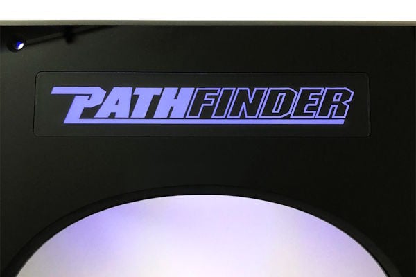 Backlit Pathfinder logo detail on custom black dash panel with illuminated branding