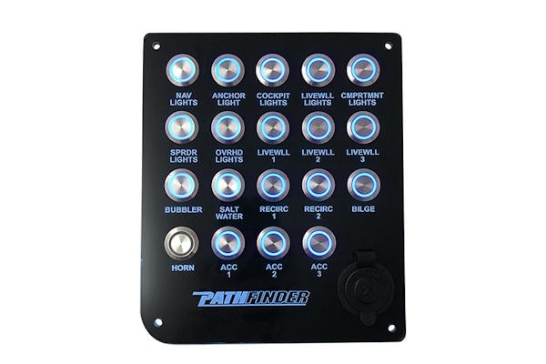Close-up of Pathfinder dash panel featuring illuminated push button switches and black acrylic finish