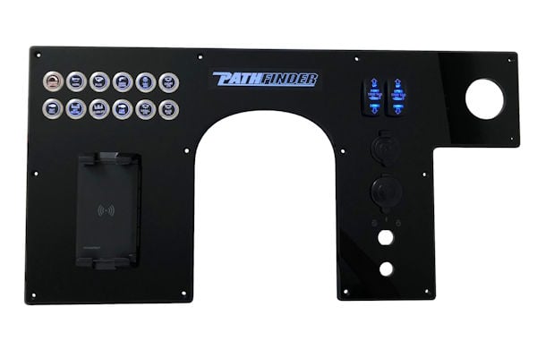 Custom Pathfinder dash panel layout designed to replace factory plastic bezel and radius opening