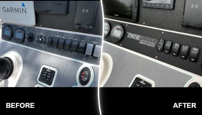 Before and after comparison of Pathfinder switch panel replacement with laser-etched rocker switches