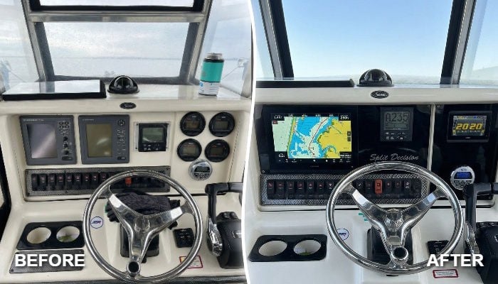 Before and after dash panel replacement on a 2003 Scout 280 Sportfish showing updated electronics and switch layout