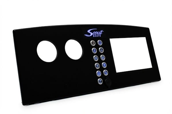 Custom dash panel replacement for a 2005 Scout 240 Bay featuring black acrylic and integrated switch layout
