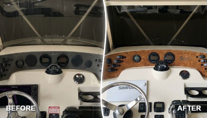 Before and after helm upgrade on a 2006 Scout 222 Sportfish with modernized dash and electronics layout