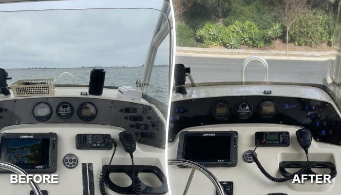 Before and after dash panel replacement on a 2007 Scout 205 Sportfish with improved helm layout