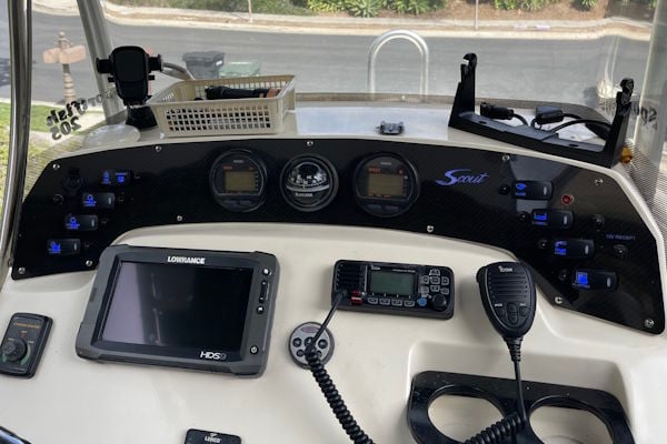 Modernized dash panel on a 2007 Scout 205 Sportfish featuring updated electronics and switch layout