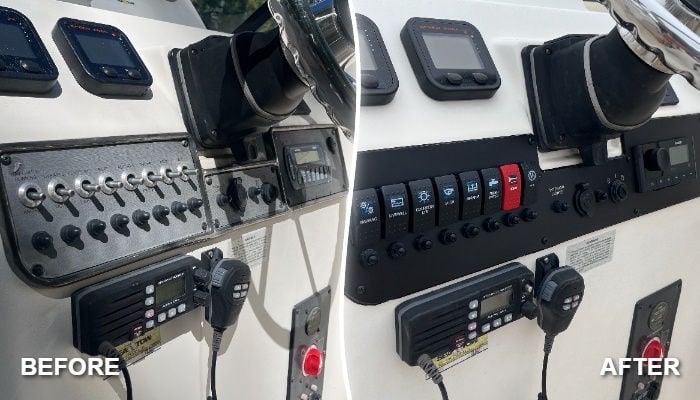 Before and after switch panel replacement on a 2012 Scout 225 Dorado helm
