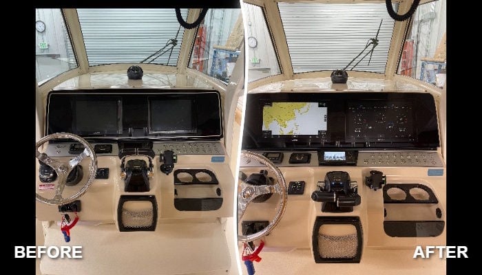 Before and after dash panel replacement on a 2015 Scout 300 LXF showing upgraded electronics integration