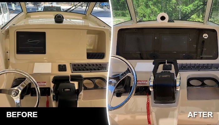Before and after helm modernization on a 2017 Scout 255 LXF with updated dash panel and electronics