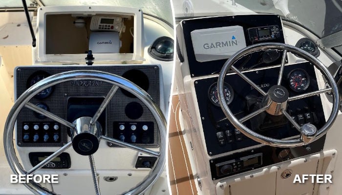 Before and after dash panel replacement on a Scout Dorado center console