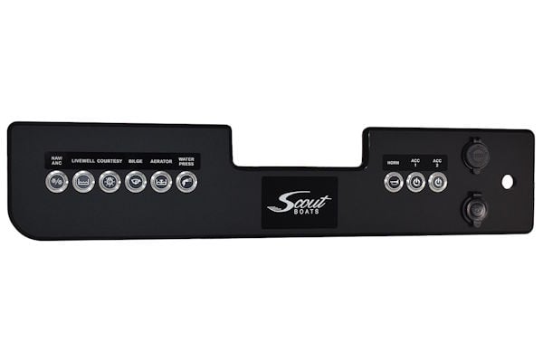 Scout LuxMatte dash panel featuring illuminated push button switches and laser-etched labeling