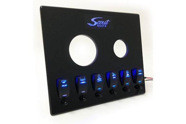 Scout Sportsman custom black acrylic dash panel with Contura rocker switches and blue LED illumination