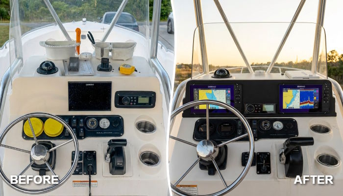 Before and after custom dash panel replacement on a Sea Hunt center console
