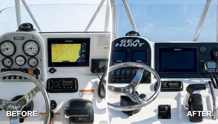 Before and after dash panel upgrade on a Sea Hunt Triton 188