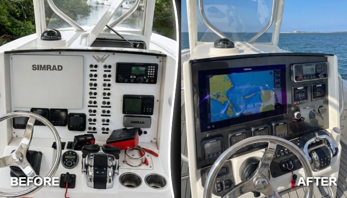Before and after dash panel replacement on a 2007 Southport 28TE with dual display electronics upgrade