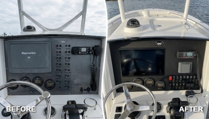 Before and after helm upgrade on a 2007 Southport 26 featuring custom dash panel and modern electronics