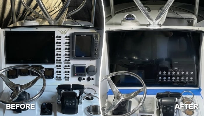 Before and after dash panel replacement on a 2007 Southport 28TE with dual display electronics upgrade