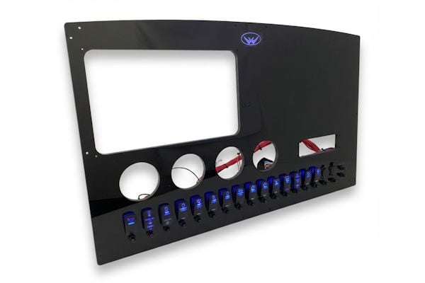 Southport blackout dash panel upgrade with modern electronics cutout and illuminated switch bank