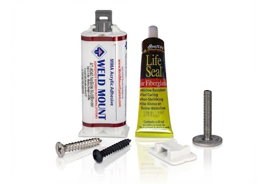 Marine fasteners, screws, adhesives, weld-mount and sealants
