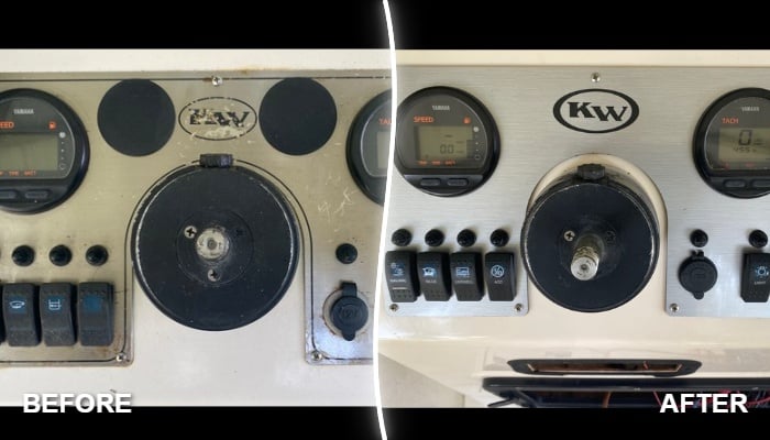 Before and after dash panel replacement on a 2007 Key West 186 Bay Reef — aftermarket switch panel by New Wire Marine