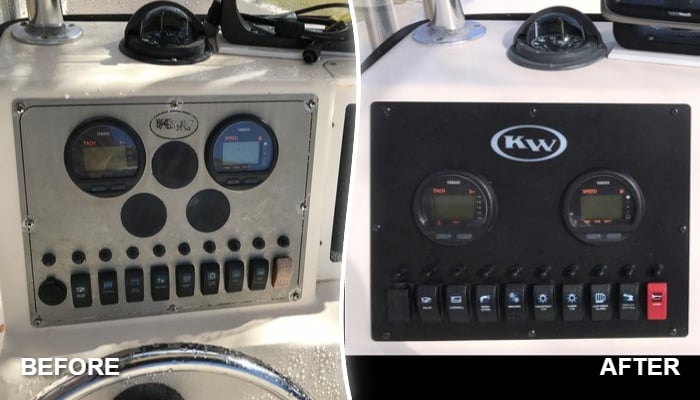 Before and after dash panel replacement on a 2017 Key West 2020 CC — custom replacement panel by New Wire Marine